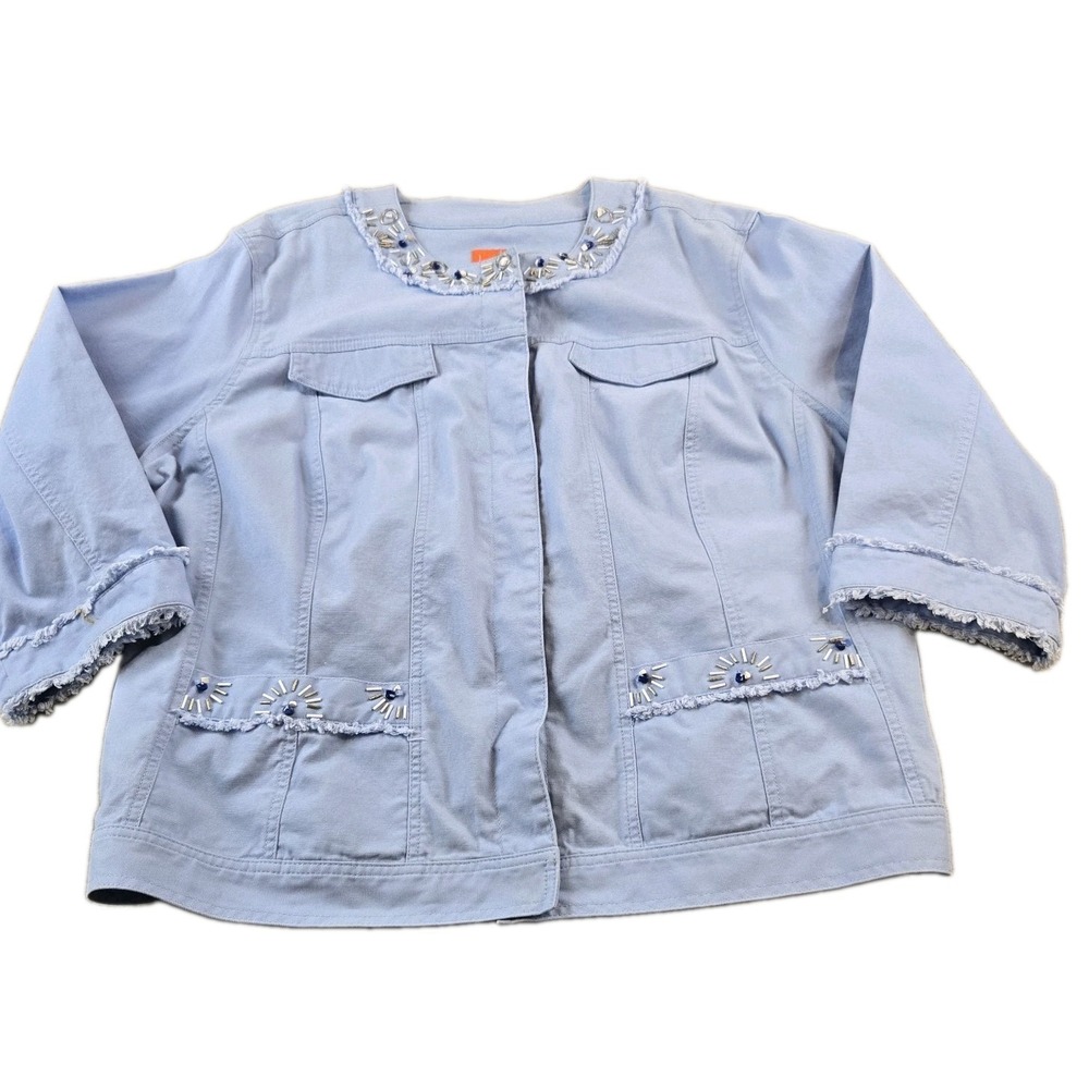 Hearts Of Palm Women's Snap Front 3/4 Sleeve Denim Jacket Beaded Neckline 24W